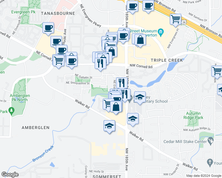 map of restaurants, bars, coffee shops, grocery stores, and more near 18665 Northeast Eider Court in Hillsboro