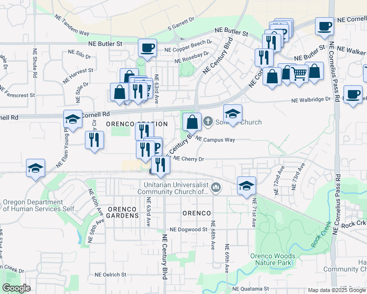 map of restaurants, bars, coffee shops, grocery stores, and more near 1749 Northeast Century Boulevard in Hillsboro