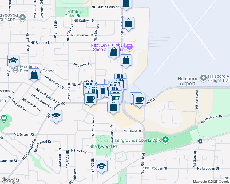 map of restaurants, bars, coffee shops, grocery stores, and more near 1055 Northeast 25th Avenue in Hillsboro