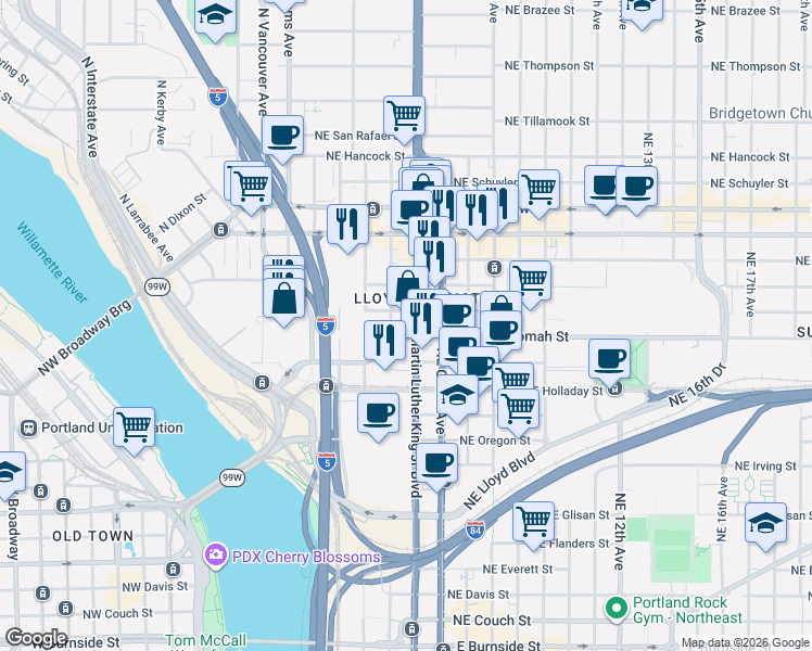map of restaurants, bars, coffee shops, grocery stores, and more near 1231 Northeast Martin Luther King Junior Boulevard in Portland
