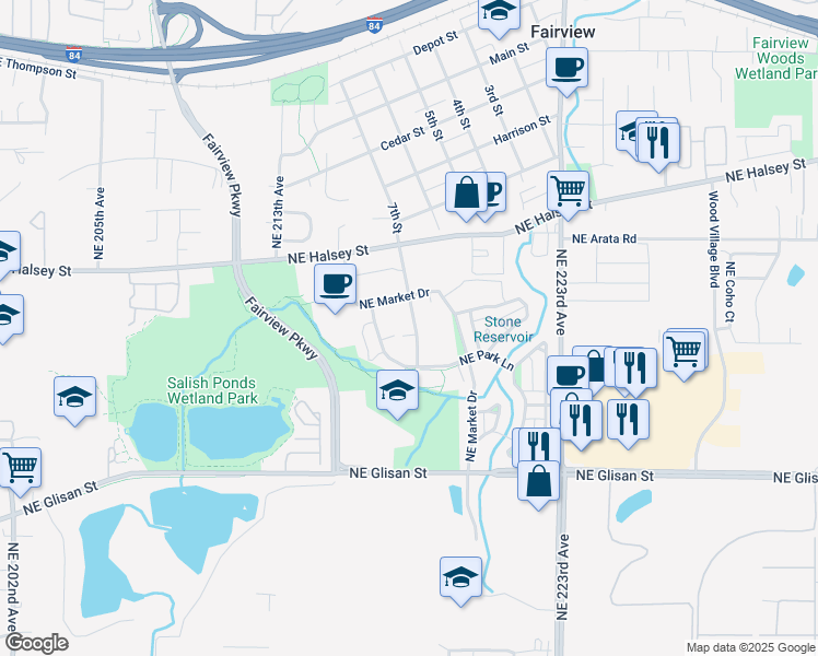 map of restaurants, bars, coffee shops, grocery stores, and more near 1528 Northeast Village Street in Fairview