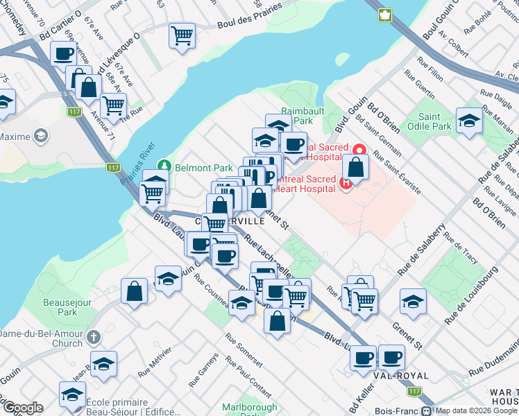 map of restaurants, bars, coffee shops, grocery stores, and more near 12282 Rue Grenet in Montréal