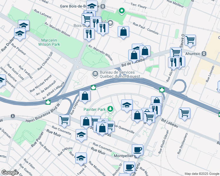 map of restaurants, bars, coffee shops, grocery stores, and more near 175 Boulevard Deguire in Montreal
