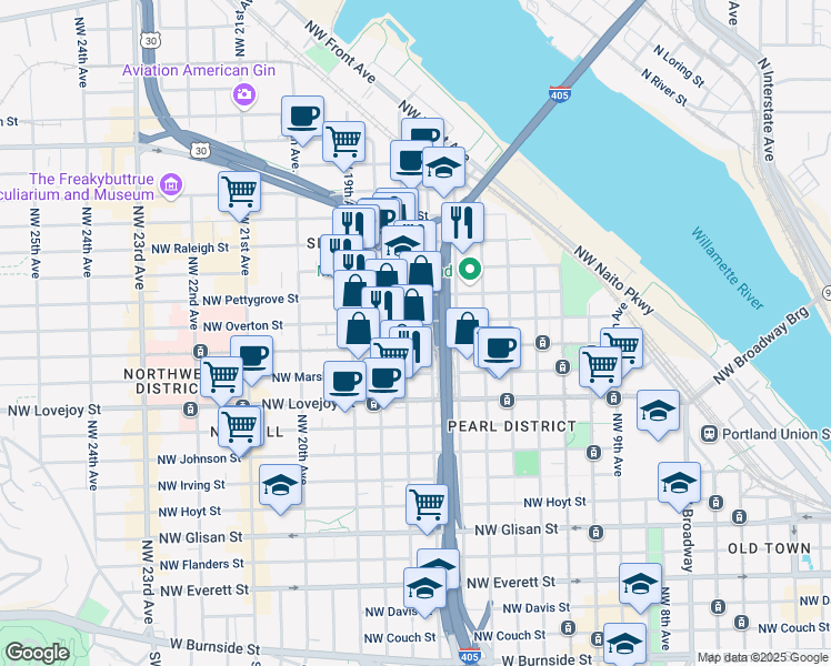 map of restaurants, bars, coffee shops, grocery stores, and more near 1323 Northwest 16th Avenue in Portland