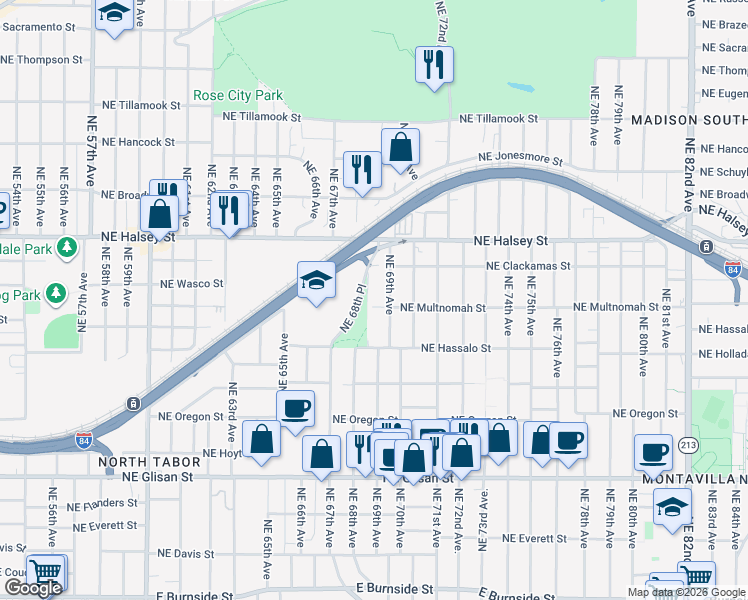 map of restaurants, bars, coffee shops, grocery stores, and more near 1321 Northeast 69th Avenue in Portland
