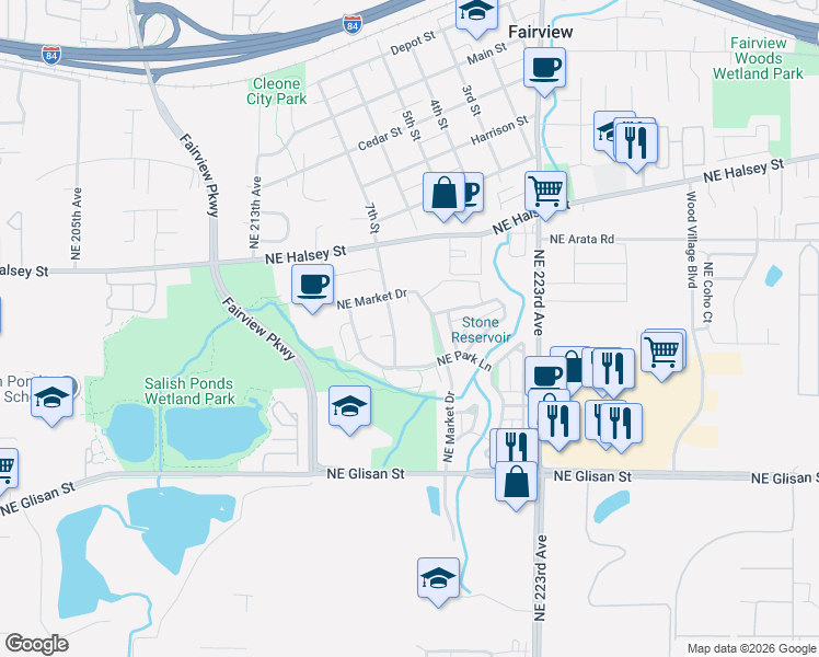 map of restaurants, bars, coffee shops, grocery stores, and more near 1443 Northeast Village Street in Fairview