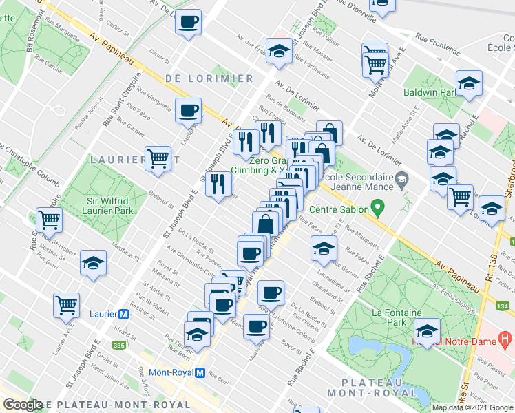 map of restaurants, bars, coffee shops, grocery stores, and more near 4615 Rue Garnier in Montréal