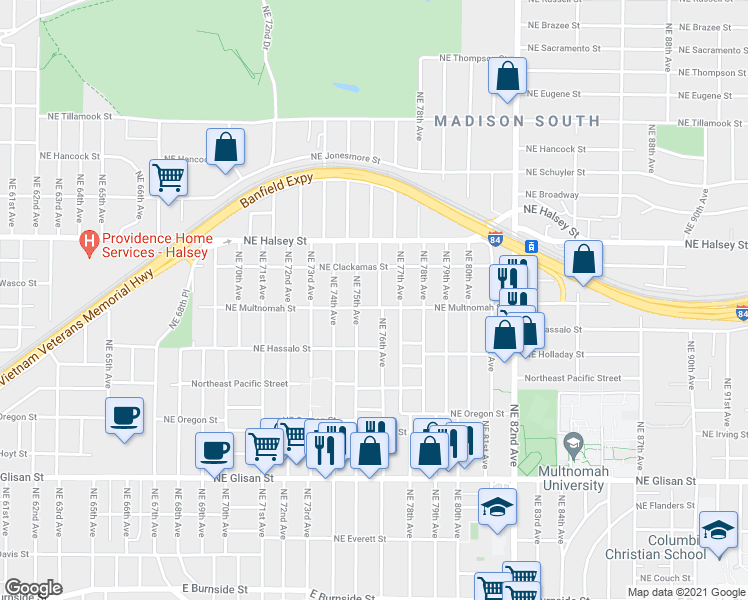map of restaurants, bars, coffee shops, grocery stores, and more near 1215 Northeast 76th Avenue in Portland