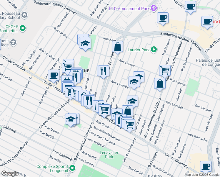 map of restaurants, bars, coffee shops, grocery stores, and more near 225 Rue Vermont in Longueuil