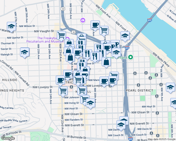 map of restaurants, bars, coffee shops, grocery stores, and more near in Portland