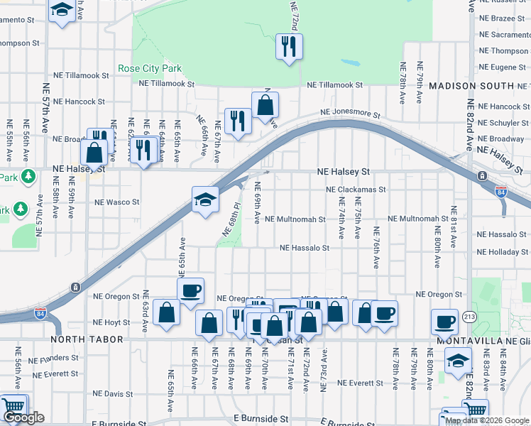 map of restaurants, bars, coffee shops, grocery stores, and more near 1321 Northeast 69th Avenue in Portland