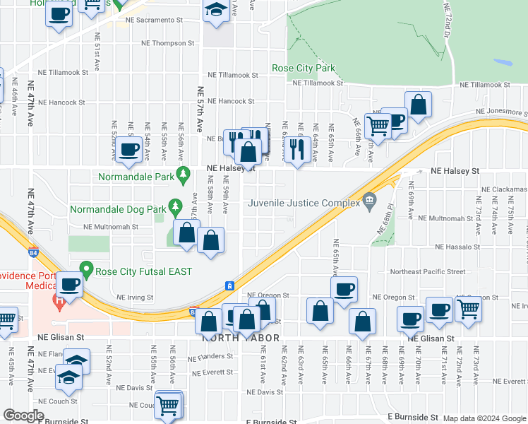 map of restaurants, bars, coffee shops, grocery stores, and more near 6103 Northeast Wasco Street in Portland