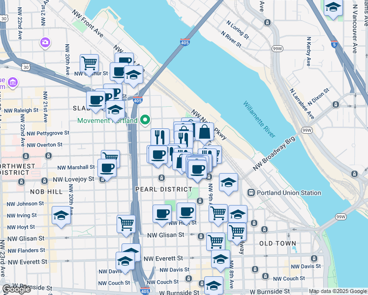 map of restaurants, bars, coffee shops, grocery stores, and more near 1221 Northwest 11th Avenue in Portland