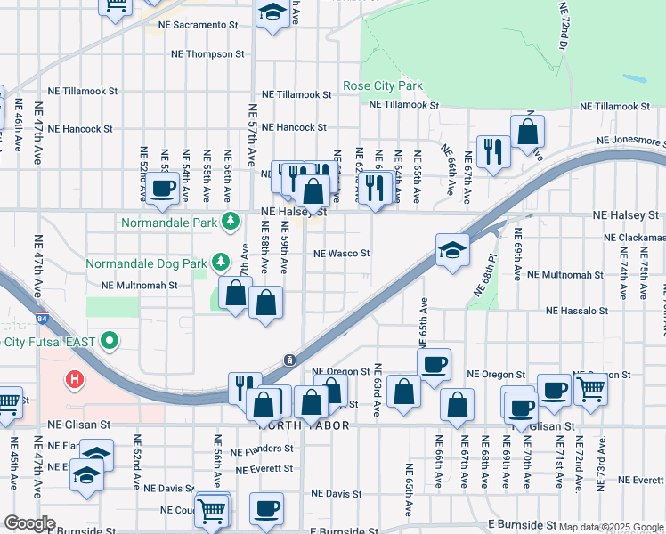 map of restaurants, bars, coffee shops, grocery stores, and more near 6103 Northeast Wasco Street in Portland