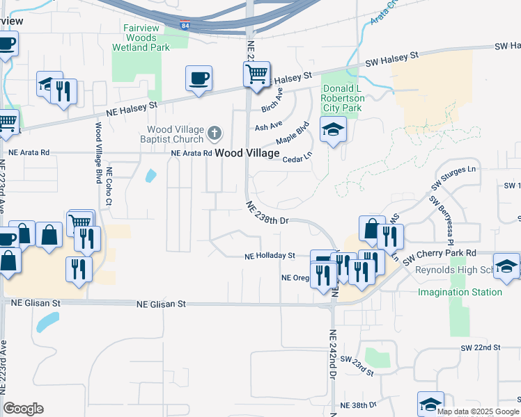 map of restaurants, bars, coffee shops, grocery stores, and more near 23882 Northeast Treehill Drive in Wood Village