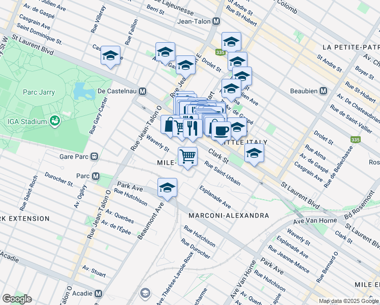 map of restaurants, bars, coffee shops, grocery stores, and more near 81 Avenue Beaumont in Montréal