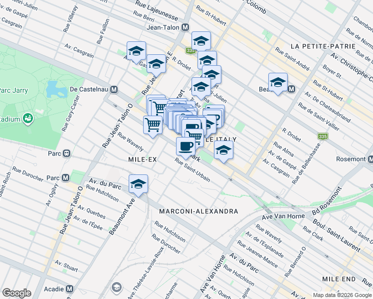 map of restaurants, bars, coffee shops, grocery stores, and more near 6745 Rue Clark in Montréal