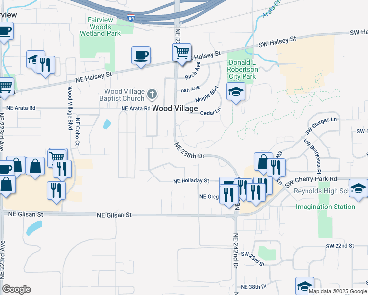 map of restaurants, bars, coffee shops, grocery stores, and more near 23882 Northeast Treehill Drive in Wood Village