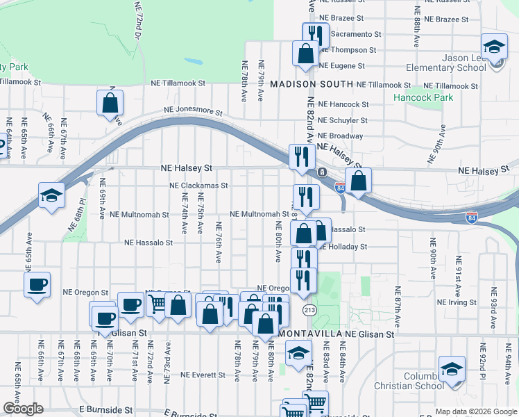 map of restaurants, bars, coffee shops, grocery stores, and more near 1215 Northeast 79th Avenue in Portland