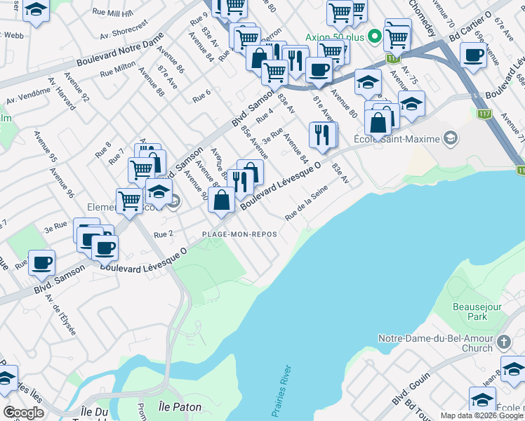 map of restaurants, bars, coffee shops, grocery stores, and more near 4330 Rue de la Seine in Laval