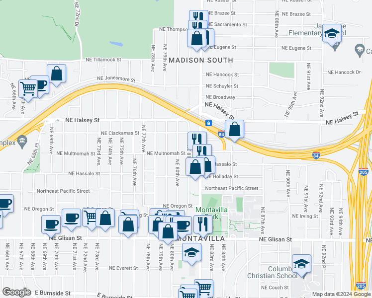 map of restaurants, bars, coffee shops, grocery stores, and more near 1215 Northeast 81st Avenue in Portland