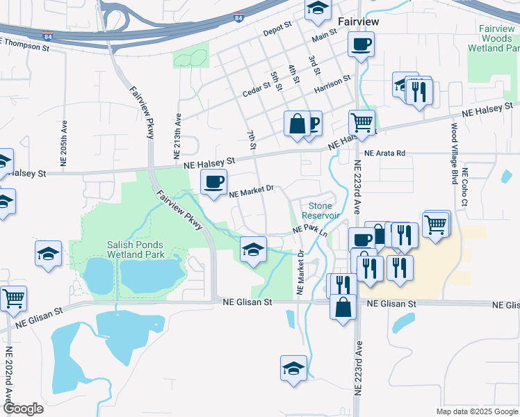 map of restaurants, bars, coffee shops, grocery stores, and more near 1485 Northeast Village Street in Fairview