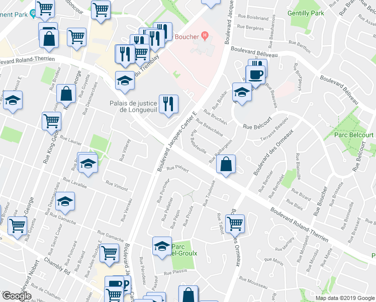 map of restaurants, bars, coffee shops, grocery stores, and more near 2651 Boulevard Roland-Therrien in Longueuil