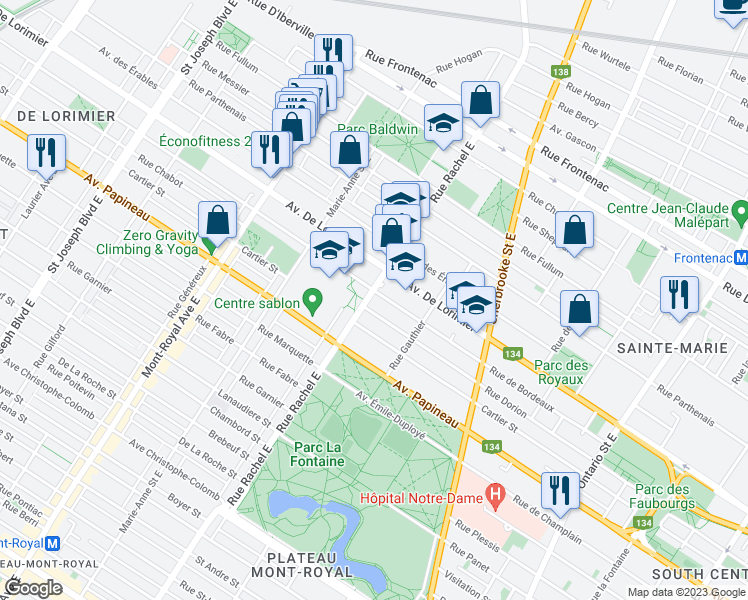 map of restaurants, bars, coffee shops, grocery stores, and more near 1976 Rue Rachel Est in Montréal