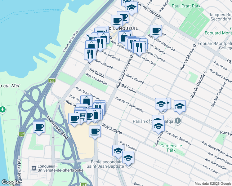 map of restaurants, bars, coffee shops, grocery stores, and more near 560 Rue Saint-Laurent Ouest in Longueuil