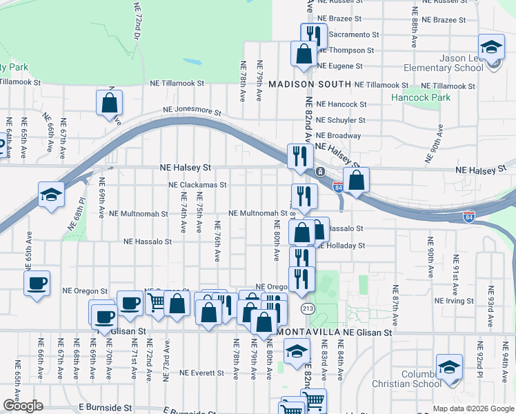 map of restaurants, bars, coffee shops, grocery stores, and more near 1215 Northeast 79th Avenue in Portland
