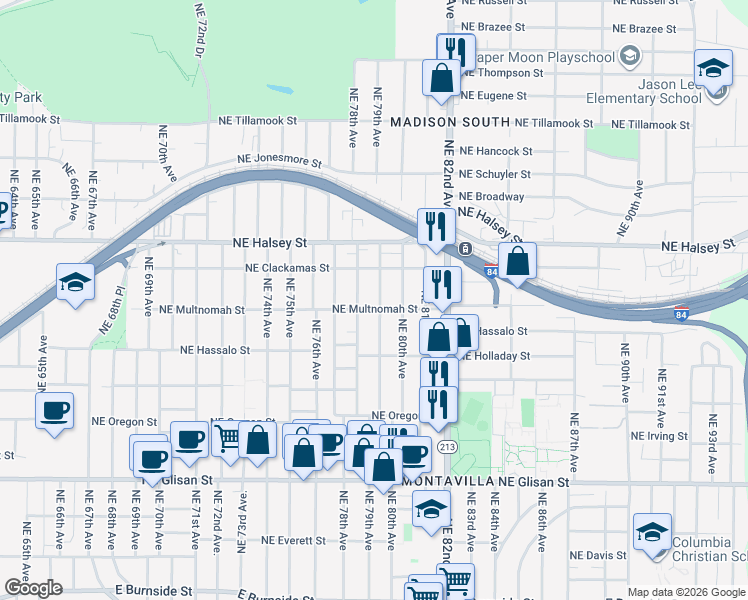 map of restaurants, bars, coffee shops, grocery stores, and more near 1215 Northeast 79th Avenue in Portland