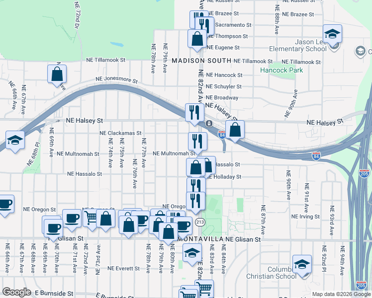 map of restaurants, bars, coffee shops, grocery stores, and more near 1313 Northeast 81st Avenue in Portland
