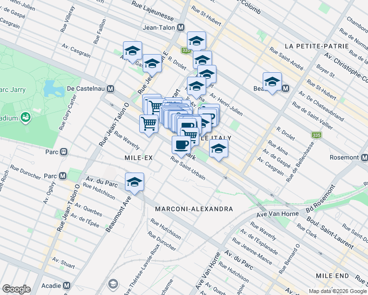 map of restaurants, bars, coffee shops, grocery stores, and more near 6745 Rue Clark in Montréal