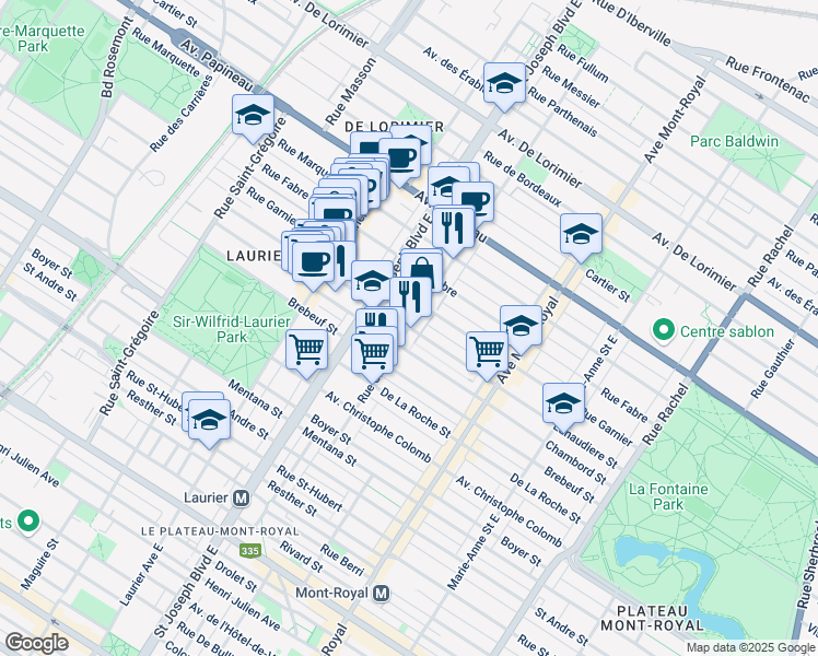 map of restaurants, bars, coffee shops, grocery stores, and more near Gilford Street in Montreal