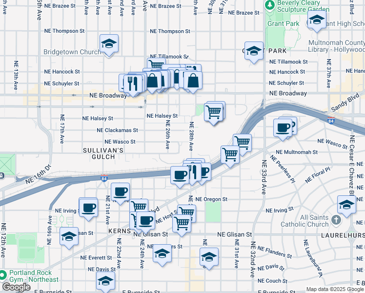 map of restaurants, bars, coffee shops, grocery stores, and more near 2710 Northeast Wasco Street in Portland
