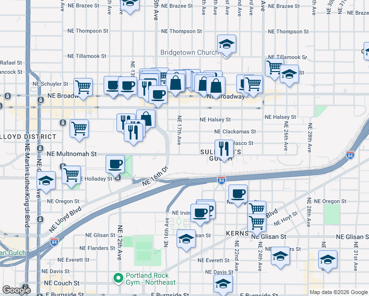 map of restaurants, bars, coffee shops, grocery stores, and more near 1220 Northeast 17th Avenue in Portland