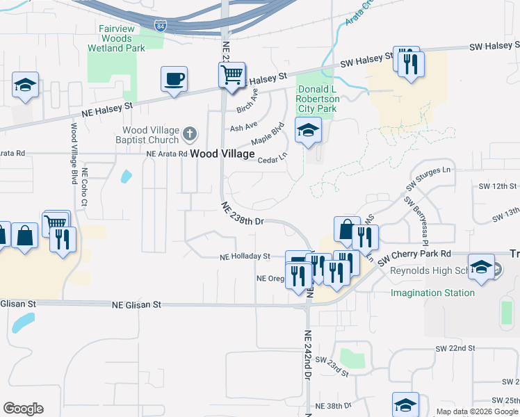 map of restaurants, bars, coffee shops, grocery stores, and more near 23938 Poplar Court in Wood Village