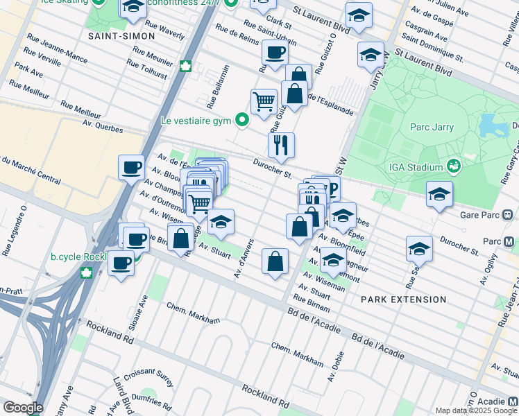 map of restaurants, bars, coffee shops, grocery stores, and more near 8305 Avenue Bloomfield in Montreal