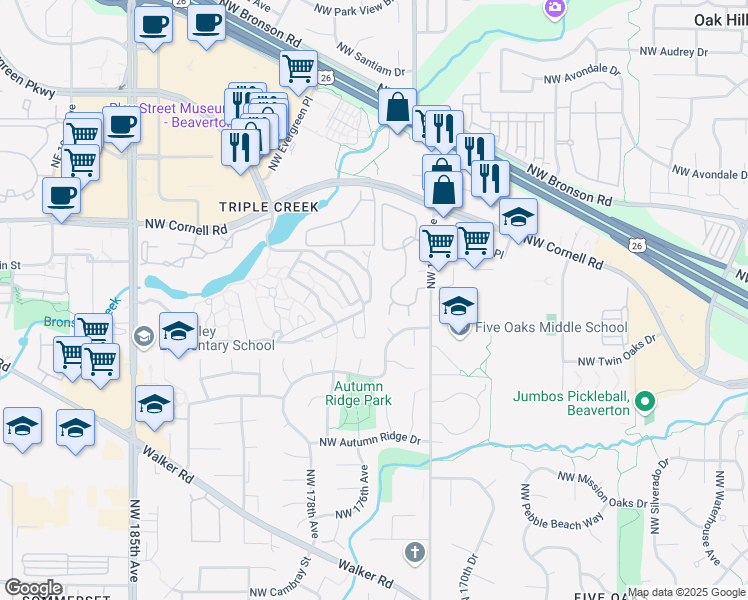 map of restaurants, bars, coffee shops, grocery stores, and more near 17513 Northwest Shorewood Drive in Beaverton