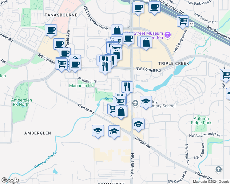 map of restaurants, bars, coffee shops, grocery stores, and more near 18665 Northeast Eider Court in Hillsboro