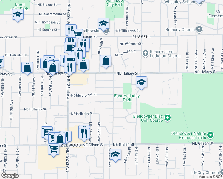 map of restaurants, bars, coffee shops, grocery stores, and more near 12748 Northeast Wasco Street in Portland