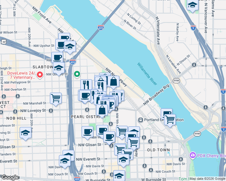 map of restaurants, bars, coffee shops, grocery stores, and more near 1255 Northwest 9th Avenue in Portland