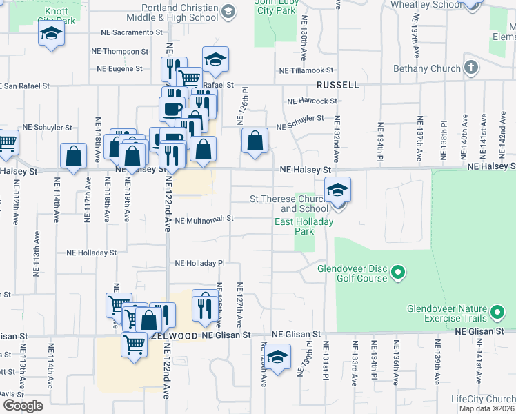 map of restaurants, bars, coffee shops, grocery stores, and more near 12718 Northeast Clackamas Street in Portland