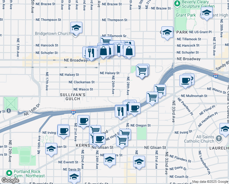 map of restaurants, bars, coffee shops, grocery stores, and more near 2633 Northeast Wasco Street in Portland