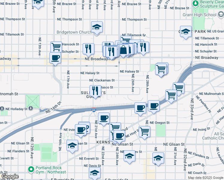 map of restaurants, bars, coffee shops, grocery stores, and more near 1303 Northeast 24th Avenue in Portland
