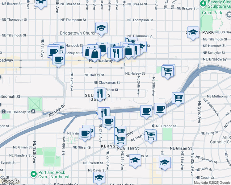 map of restaurants, bars, coffee shops, grocery stores, and more near 1330 Northeast 22nd Avenue in Portland