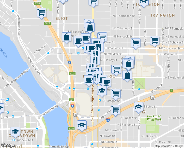 map of restaurants, bars, coffee shops, grocery stores, and more near 1338 Northeast 9th Avenue in Portland