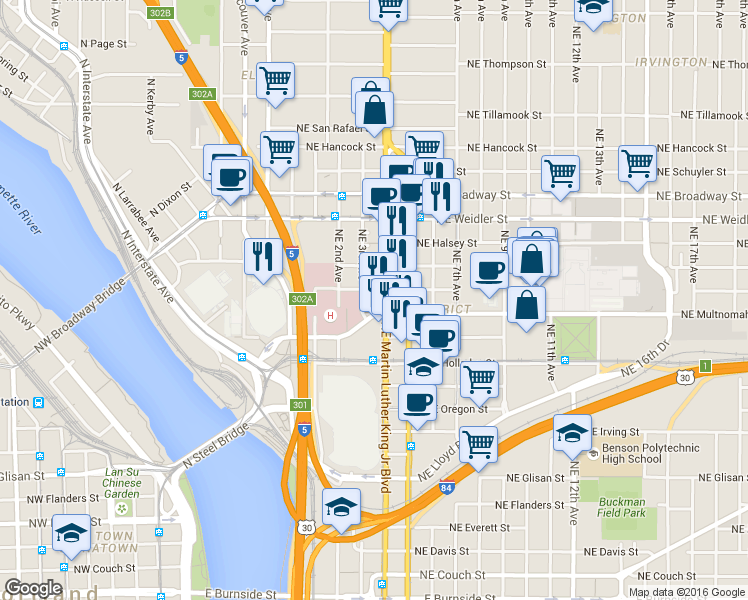 map of restaurants, bars, coffee shops, grocery stores, and more near 340 Northeast Clackamas Street in Portland