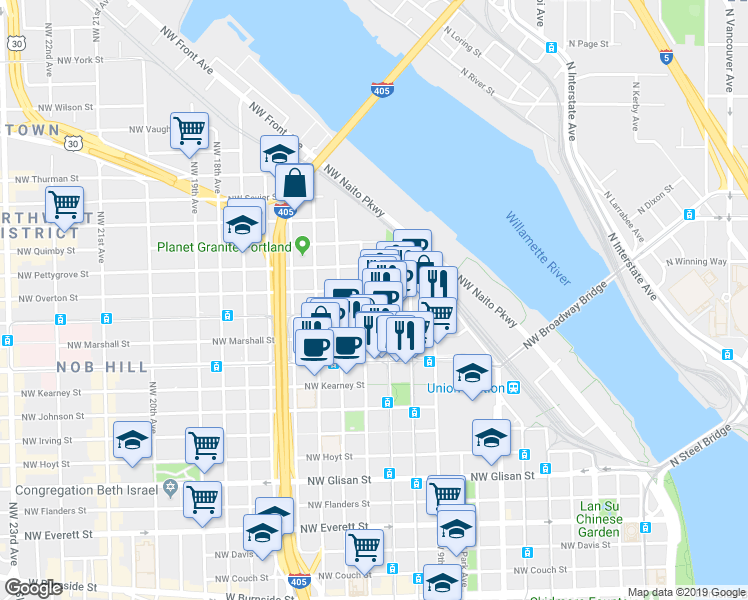map of restaurants, bars, coffee shops, grocery stores, and more near 1161 Northwest Overton Street in Portland