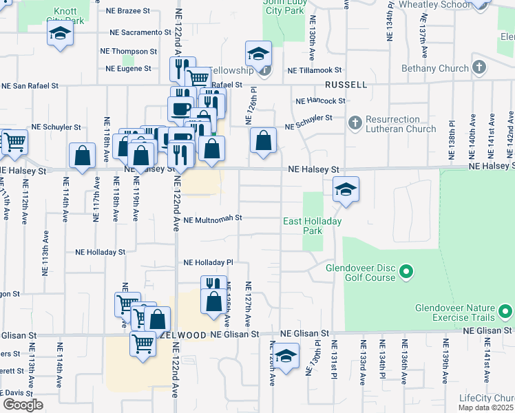 map of restaurants, bars, coffee shops, grocery stores, and more near 12718 Northeast Clackamas Street in Portland